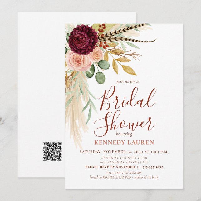 Convites Código QR para Chá de Bebê Floral Boho com Grama d (Frente/Verso)