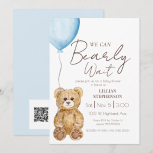 Convites Código QR para Chá de Bebê Menino Blue We Can Bear