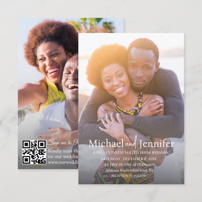 Convites Código QR para RSVP 2 Foto Casamento Moderno (Frente/Verso)