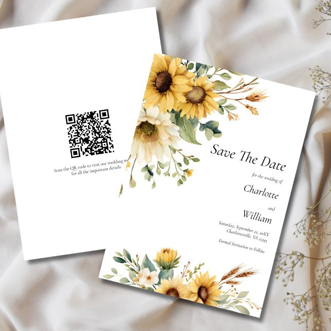 Convites Código QR para Salvar a Data do Casamento com Gira (Sunflowers Rustic Country Farmhouse QR Code Wedding Save the Date Card)