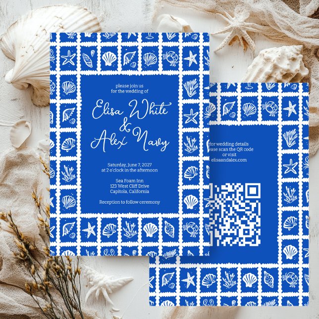 Convites Código QR PERSONALIZADO de Casamento de Praia da S (Seashell Grid Beach Wedding CUSTOM QR Code Invitation
)