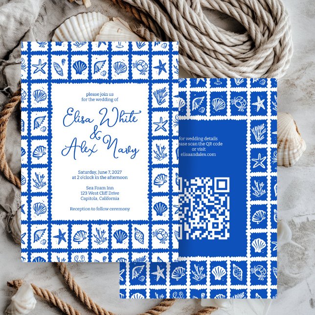 Convites Código QR PERSONALIZADO de Casamento de Praia da S (Seashell Grid Beach Wedding CUSTOM QR Code Invitation
)
