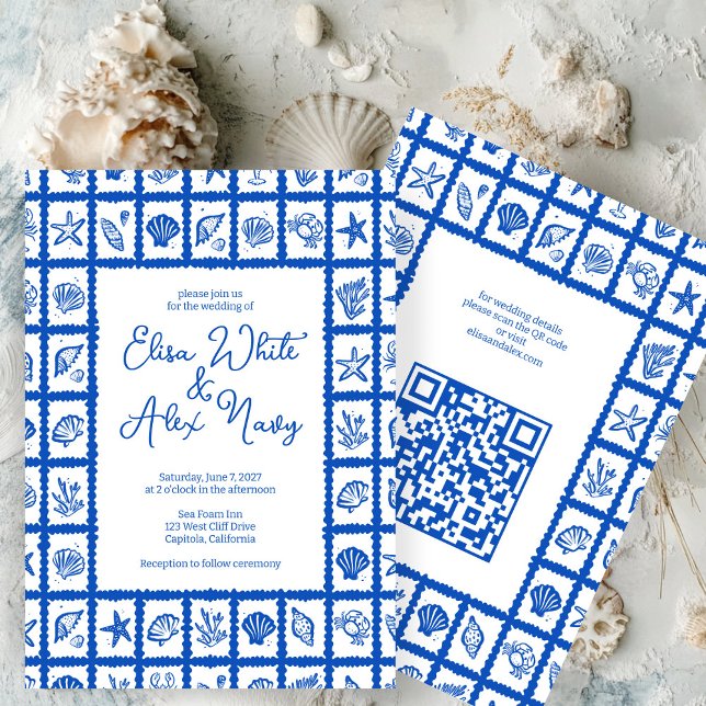 Convites Código QR PERSONALIZADO de Casamento de Praia da S (Seashell Grid Beach Wedding CUSTOM QR Code Invitation
)