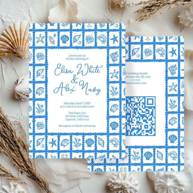Convites Código QR PERSONALIZADO de Casamento de Praia da S (Seashell Grid Beach Wedding CUSTOM QR Code Invitation
)