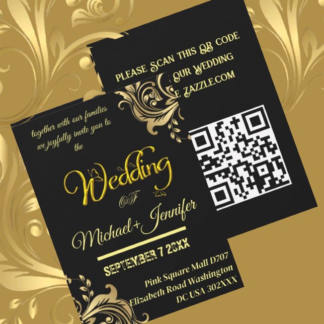 Convites Código QR personalizado de casamento Dourado e pre (Criador carregado)