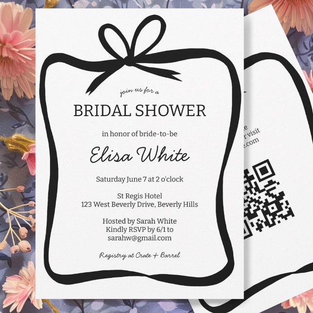 Convites Código QR PERSONALIZADO do Chá de panela da Faixa  (Bow Ribbon Frame Bridal Shower CUSTOM QR Code Invitation Simple Minimalist Girly)