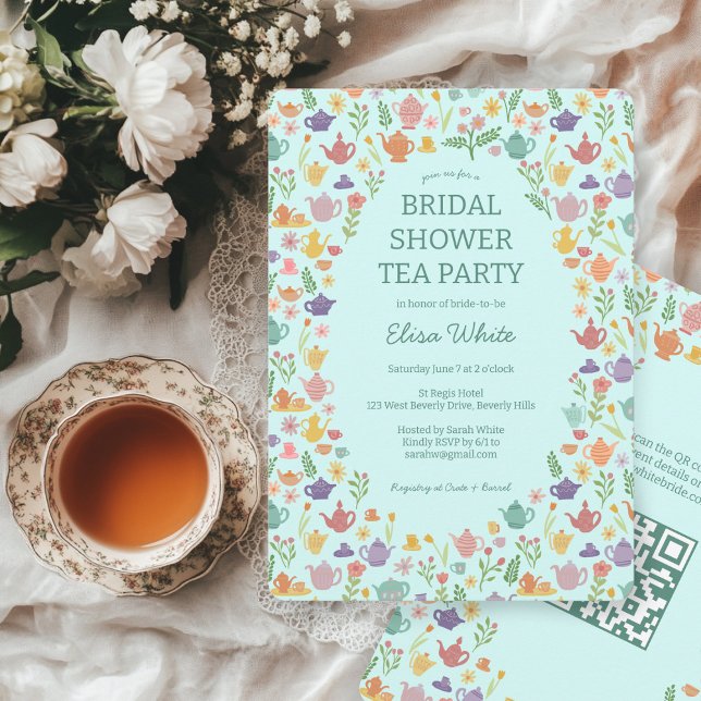 Convites Código QR PERSONALIZADO do Chá de panela de Tea Pa (Tea Party Bridal Shower Cute CUSTOM QR Code Invitation
)