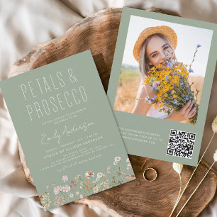 Convites Código QR Pétalas de Flores Selvagens e Prosecco S