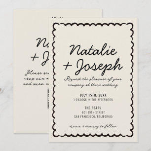 Convites Código QR Preto Creme Casamento Moderno Caprichoso