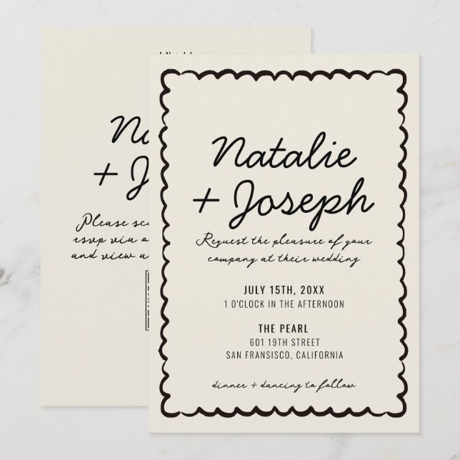 Convites Código QR Preto Creme Casamento Moderno Caprichoso (Frente/Verso)