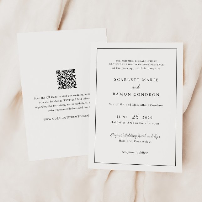 Convites Código QR Preto e Branco Atemporal Casamento Elega (Criador carregado)