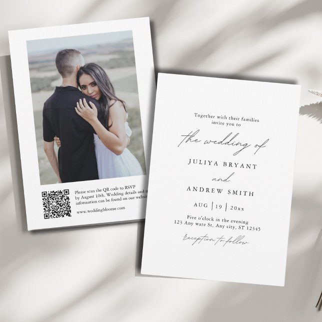 Convites Código QR preto e branco com casamento de fotos (Criador carregado)