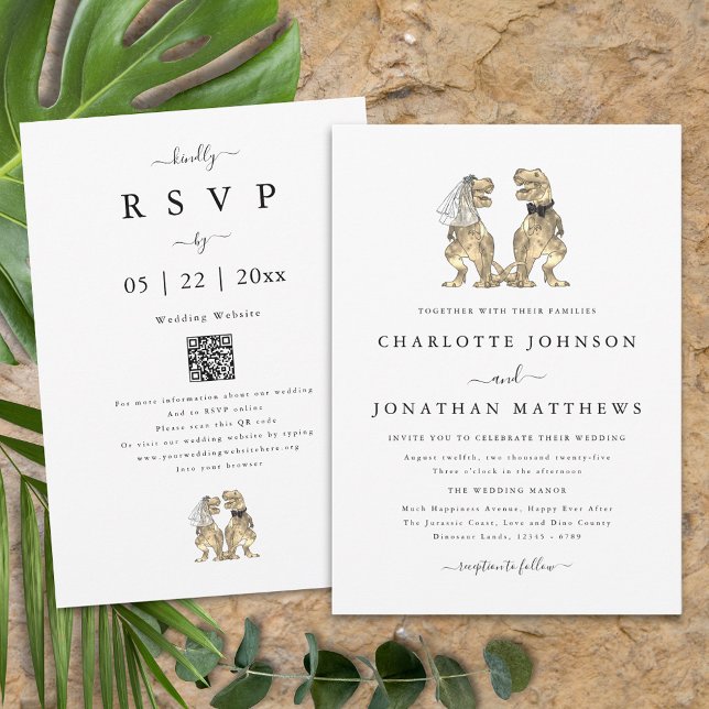 Convites Código QR Preto e Branco do Tema Dinossauro Casado (Dinosaur theme wedding qr code invitation fun T-Rex dino bride and groom modern elegant script)