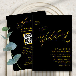 Convites Código QR Preto Elegante Dourado Tudo Em Um Casame