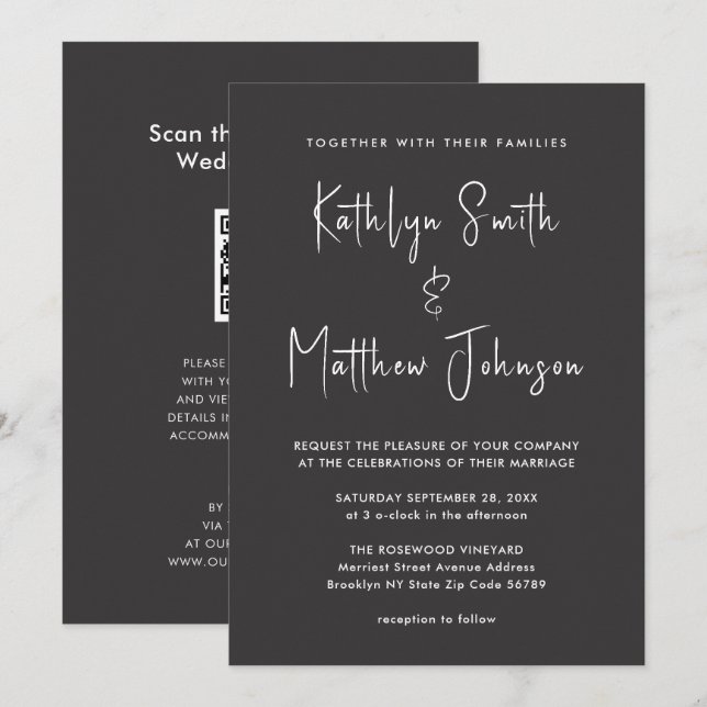 Convites Código QR Preto Elegante Tudo em um Casamento Mode (Frente/Verso)