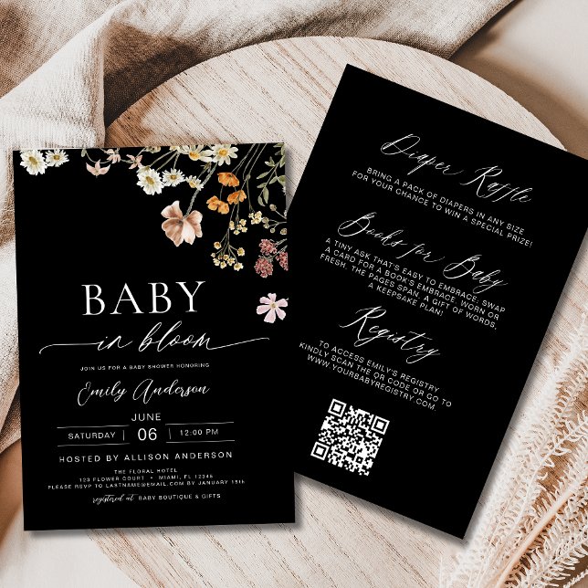 Convites Código QR Preto Flor Selvagem Bebê em Chá Bloquead (Criador carregado)