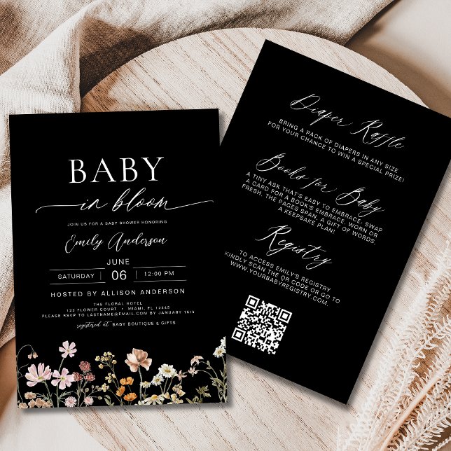 Convites Código QR Preto Flor Selvagem Bebê em Chá Bloquead (Criador carregado)