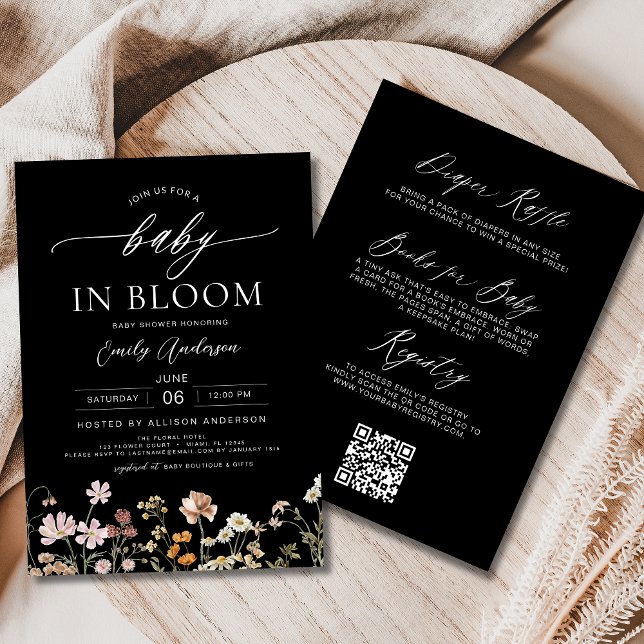 Convites Código QR Preto Flor Selvagem Bebê em Chá Bloquead (Criador carregado)