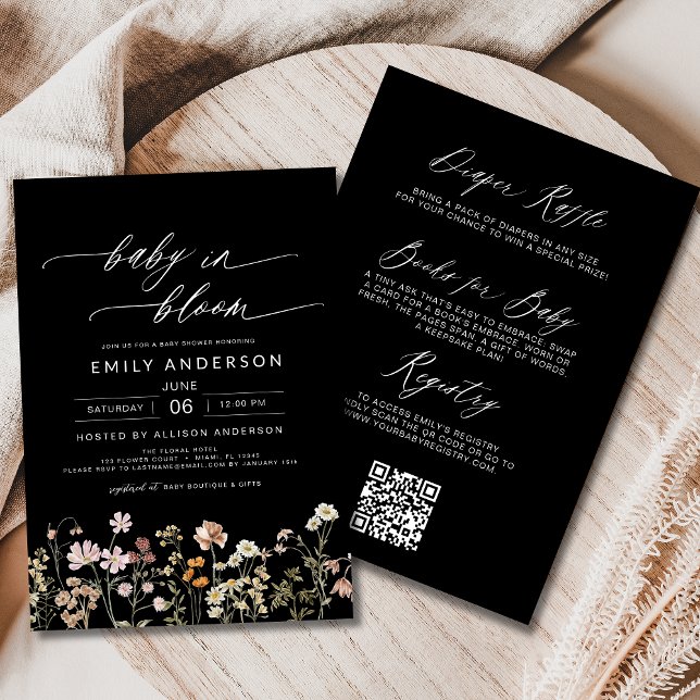 Convites Código QR Preto Flor Selvagem Bebê em Chá Bloquead (Criador carregado)