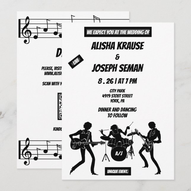 Convites Código QR Preto Moderno e Casamento Musical (Frente/Verso)