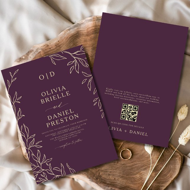 Convites Código QR Púrpura e Dourada Casamento Mínimo de Fo (Criador carregado)