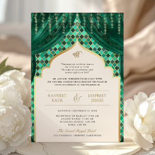 Convites Código QR Quatrefoil Dourado Esmeralda Verde Casam