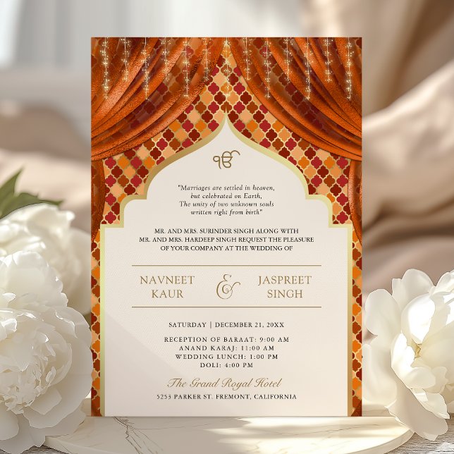 Convites Código QR Quatrefoil Dourado Laranja Casamento Sik (Criador carregado)
