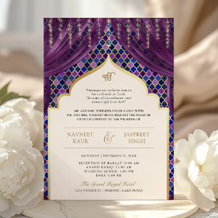 Convites Código QR Quatrefoil Dourado Roxo Casamento Sikh