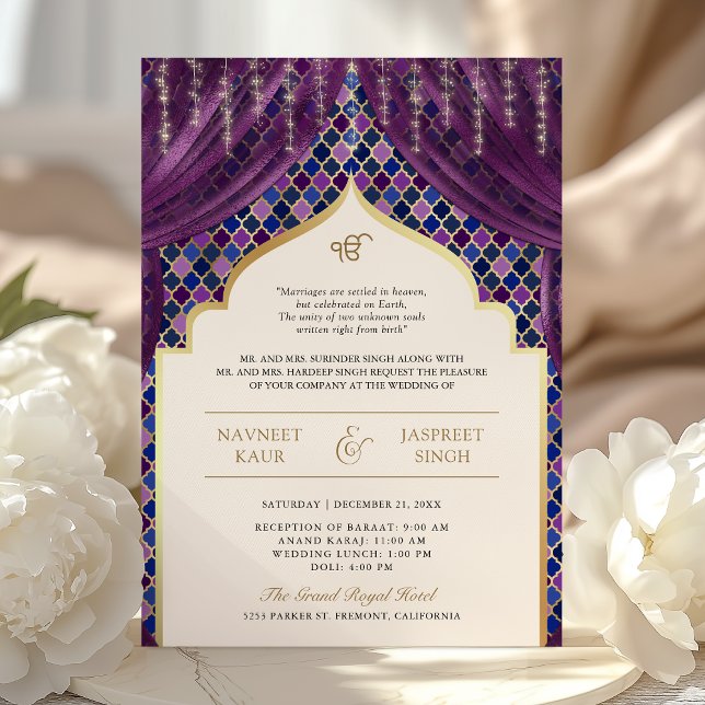 Convites Código QR Quatrefoil Dourado Roxo Casamento Sikh (Criador carregado)