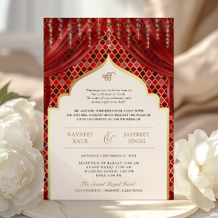 Convites Código QR Quatrefoil Dourado Vermelho Casamento Si