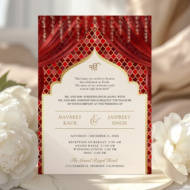 Convites Código QR Quatrefoil Dourado Vermelho Casamento Si (Criador carregado)