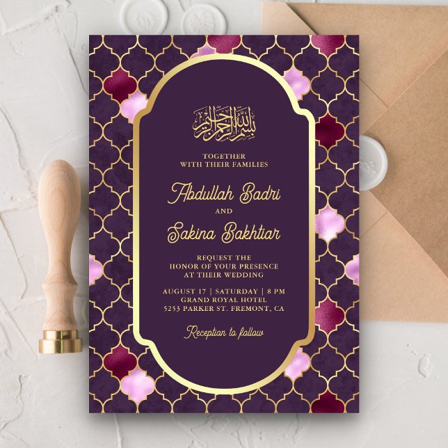 Convites Código QR Quatrefoil Roxo Marroquino Casamento Muç (Criador carregado)