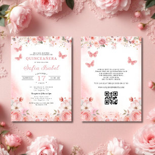 Convites Código QR Quinceañera Blush Rosa Rosa Rosa Floral