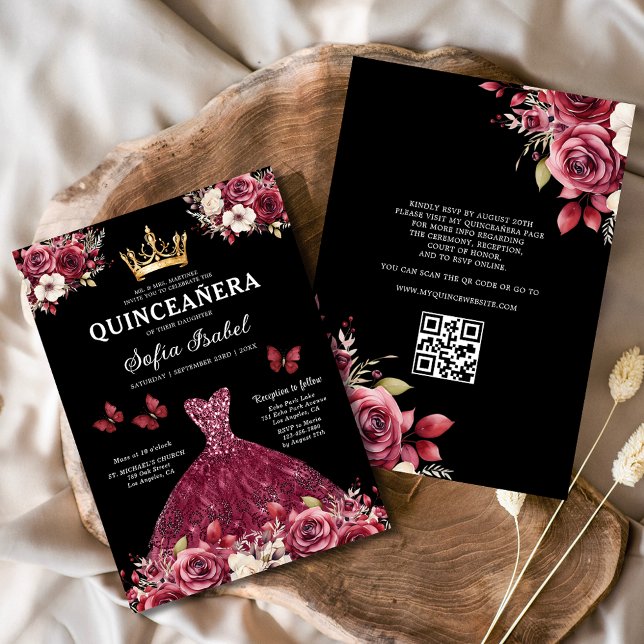 Convites Código QR Quinceanera Floral Burgundy Princesa (Criador carregado)