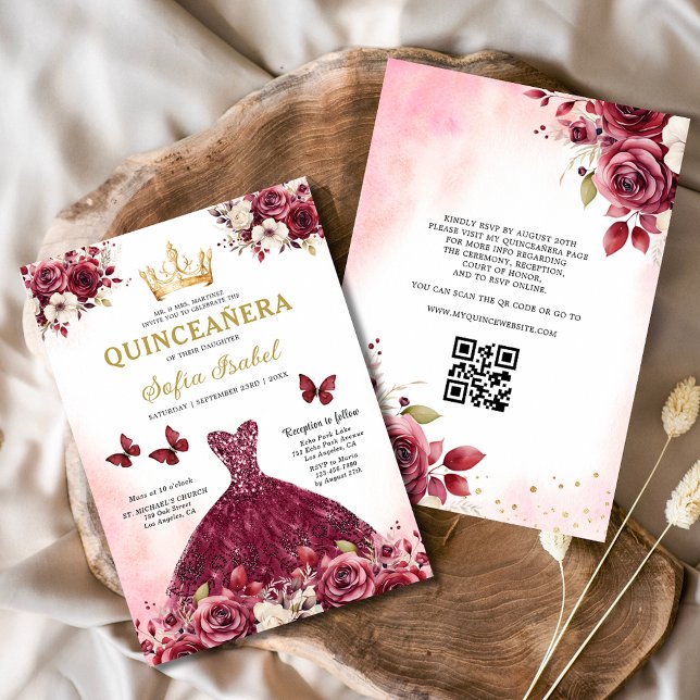 Convites Código QR Quinceanera Floral Burgundy Princesa (Criador carregado)