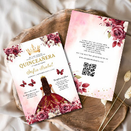 Convites Código QR Quinceanera Floral Burgundy Princesa
