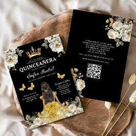 Convites Código QR Quinceanera Floral Dourada Princesa