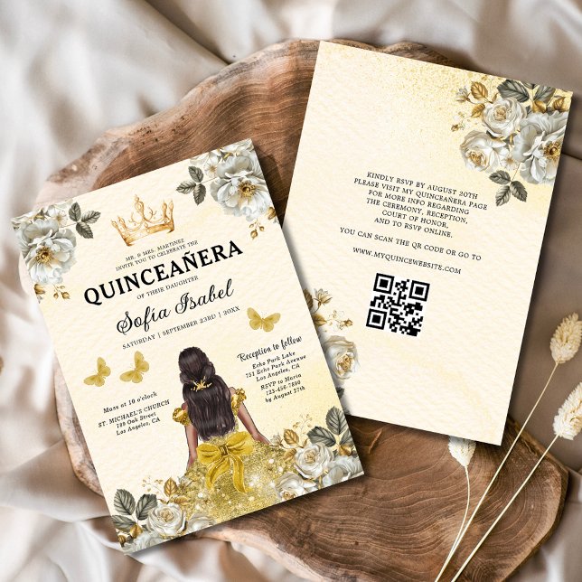 Convites Código QR Quinceanera Floral Dourada Princesa (Criador carregado)