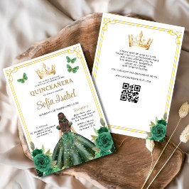 Convites Código QR Quinceanera Floral Emerald Verde Dourado