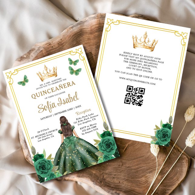 Convites Código QR Quinceanera Floral Emerald Verde Dourado (Criador carregado)