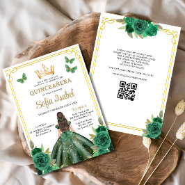 Convites Código QR Quinceanera Floral Emerald Verde Dourado