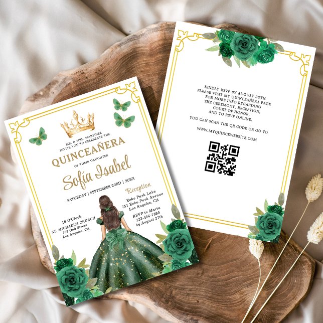Convites Código QR Quinceanera Floral Emerald Verde Dourado (Criador carregado)