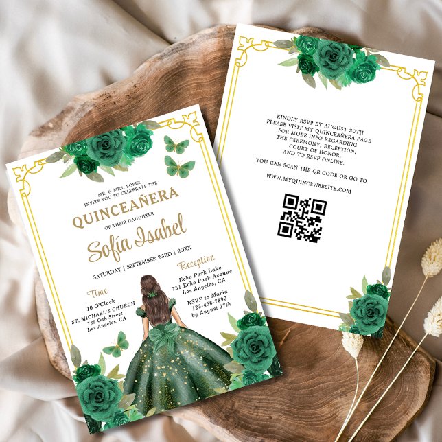 Convites Código QR Quinceanera Floral Emerald Verde Dourado (Criador carregado)