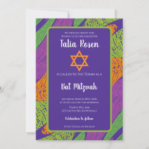 Convites Código QR Retro Bat Mitzvah Roxo e Verde 