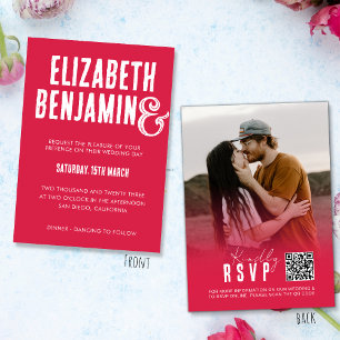 Convites Código QR Retro RSVP Foto Magenta Casamento