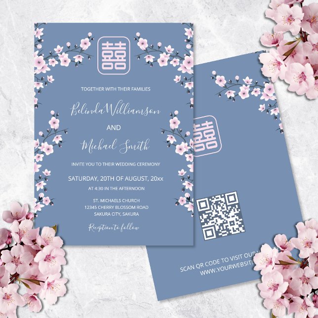 Convites Código QR Rosa Empoeirado Flor Azul | Casamento Ch (Criador carregado)