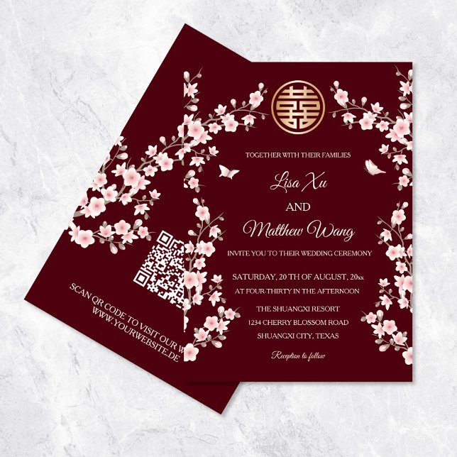 Convites Código QR Rosa Flor Oriental Chinesa Casamento (Criador carregado)