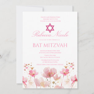 Convites Código QR Rosa Floral Aquarela Bat Mitzvah