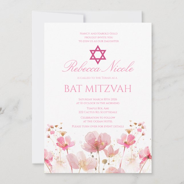 Convites Código QR Rosa Floral Aquarela Bat Mitzvah  (Frente)