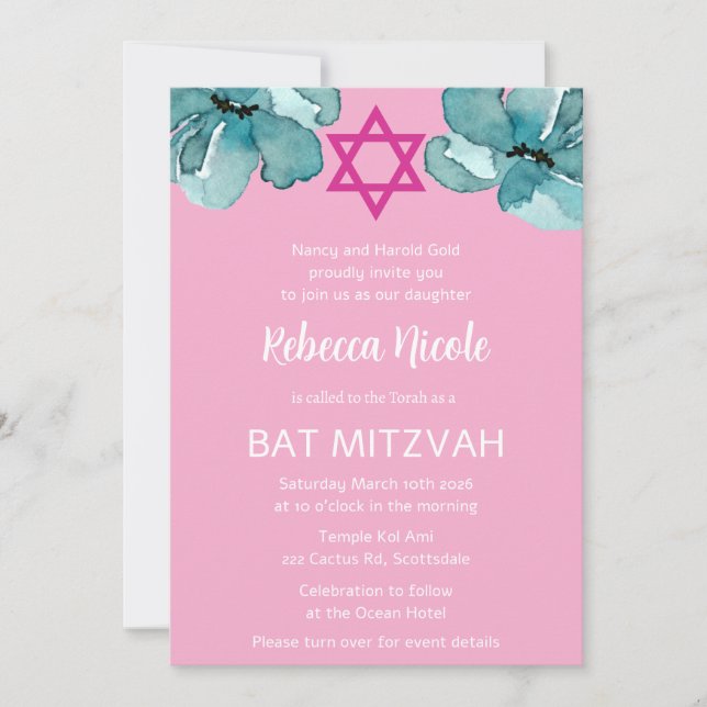 Convites Código QR Rosa Floral Aquarela Bat Mitzvah (Frente)
